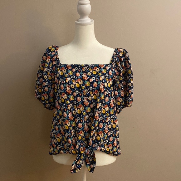 LOFT Navy Floral Tie-front Blouse - Picture 1 of 7